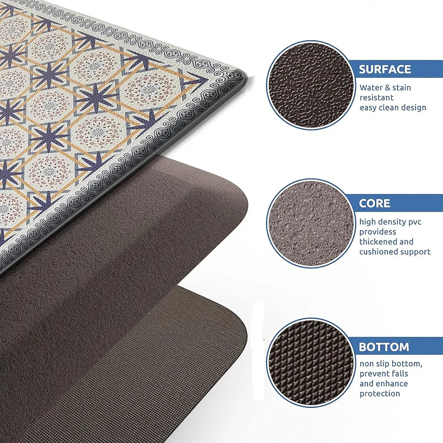 Luxe Home Columbo Anti-Fatigue Kitchen Mat - 51x99 cm Non-Slip Cushioned Comfort Mat - Moroccan Tile Pattern Standing Desk Mat - Waterproof and Easy to Clean for Home and Office